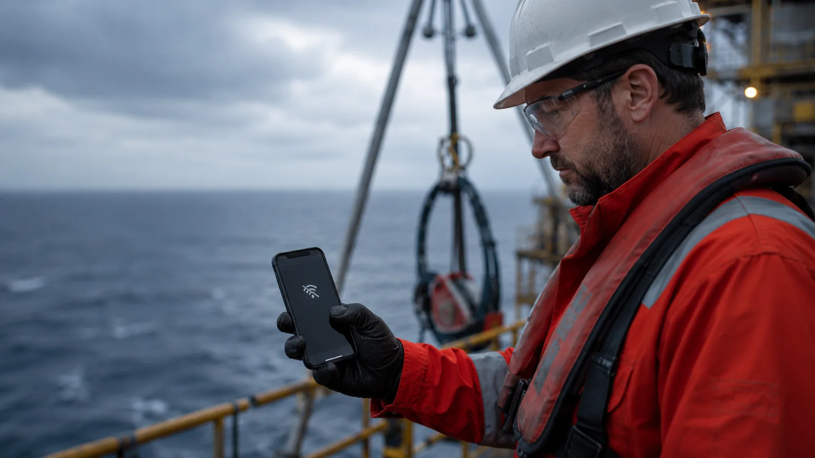 An offshore platform worker in a life vest checking a phone with no signal, grey ocean behind