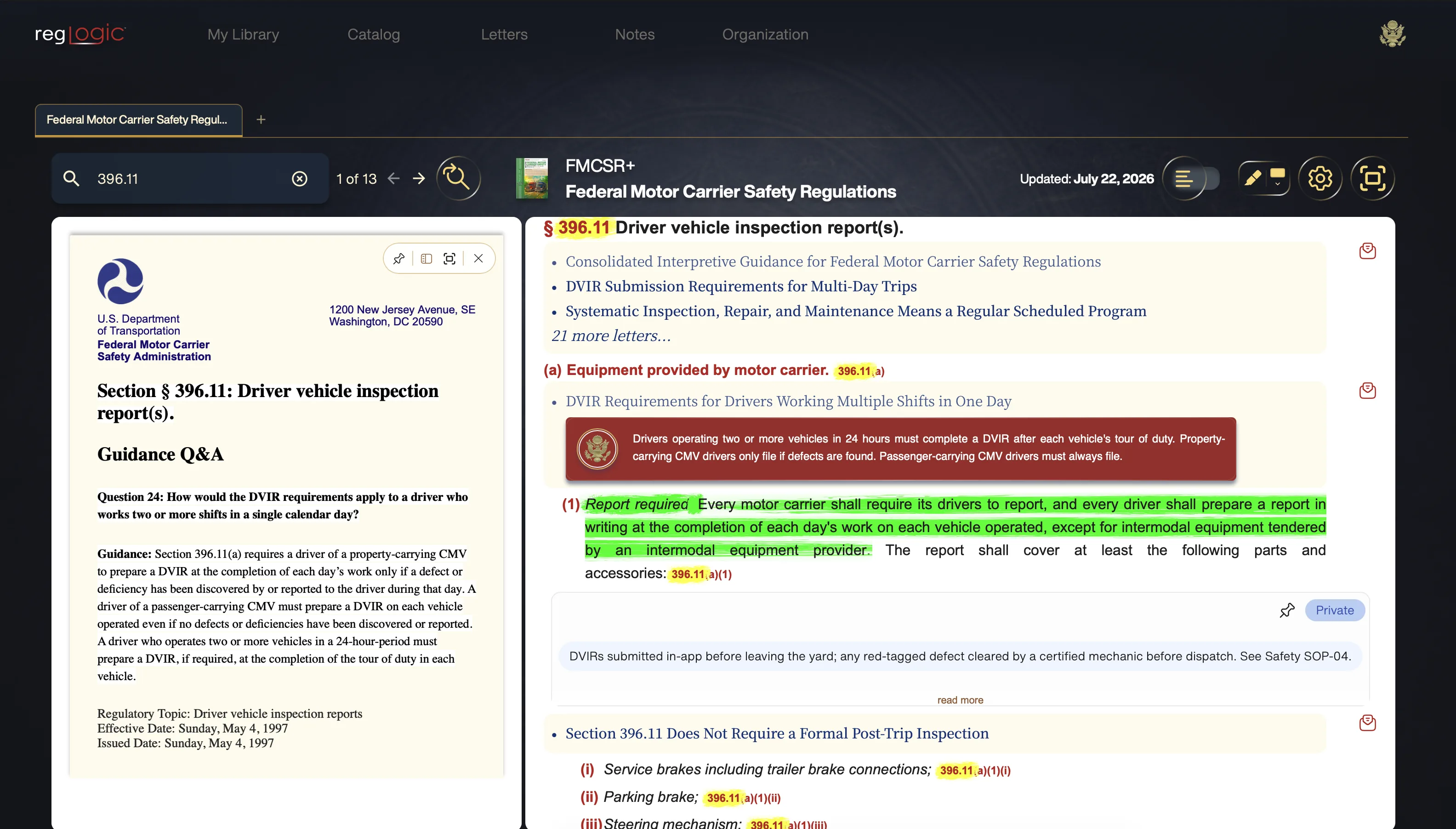 RegLogic showing 49 CFR &sect;396.11 — the letters of interpretation listed above the rule, the reporting requirement highlighted in the verbatim text, and a private note about Safety SOP-04 pinned beneath it