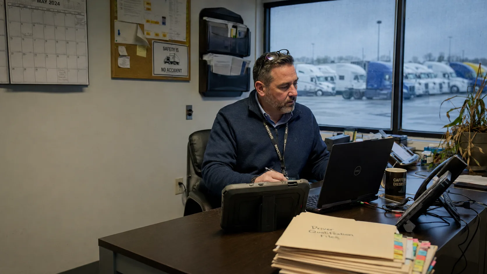 A fleet safety manager working at his terminal desk with a rugged tablet, laptop and a stack of tabbed driver qualification files, trucks parked in the yard beyond the window