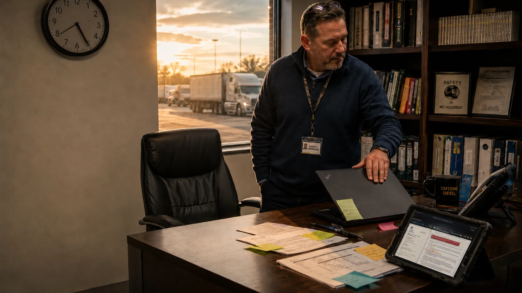 A safety manager closing his laptop at sunset as a truck rolls out of the yard, the tablet on the desk still showing the regulation