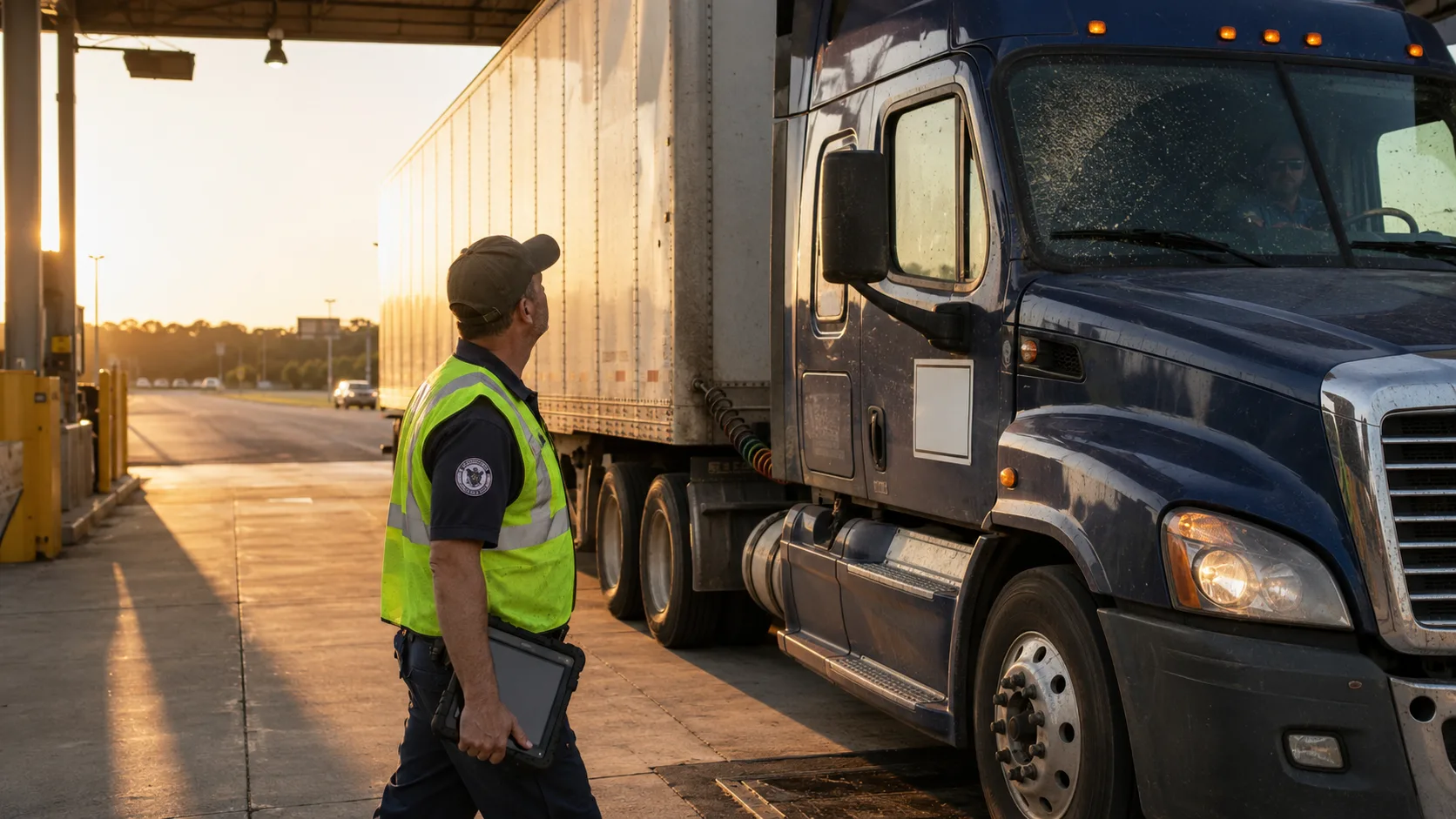 Enforcement officer walking a tractor-trailer at a weigh station at sunrise, inspection tablet in hand