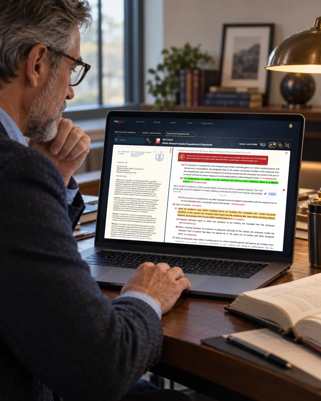 An expert reviewing a 1910 standard and its interpretation letter in RegLogic