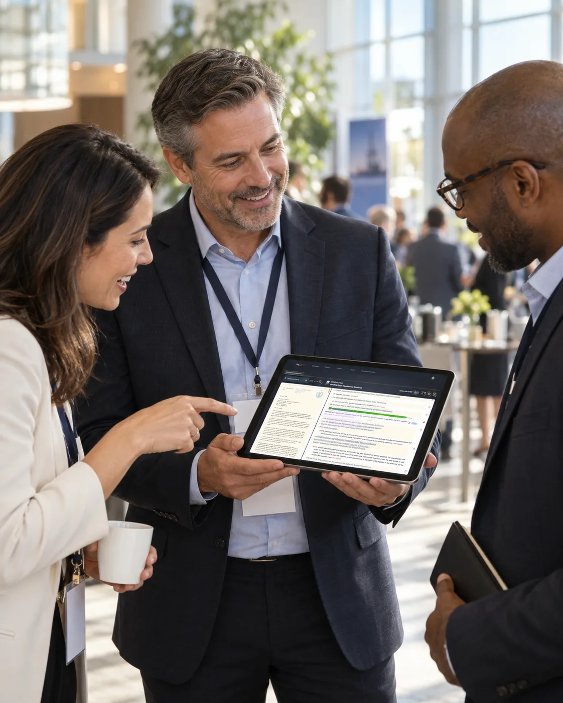 A connector showing RegLogic on a tablet to two colleagues at a conference