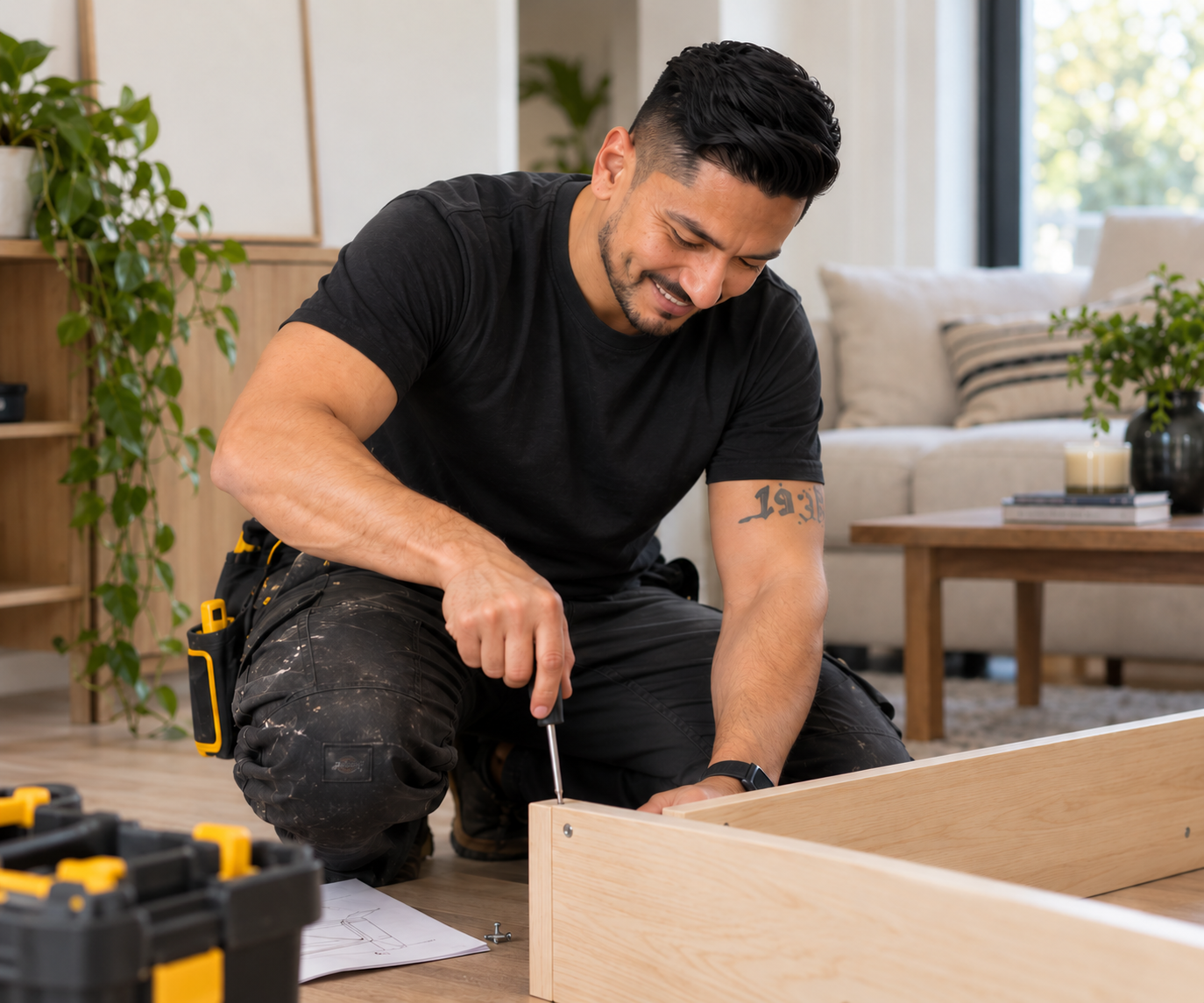 Gabriel assembling wooden furniture