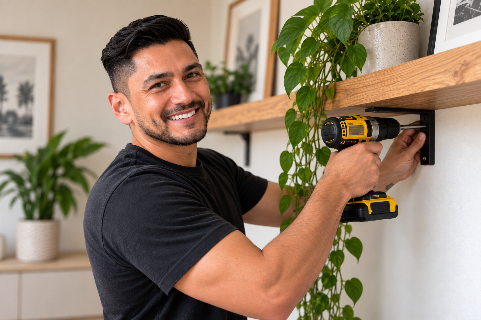 Gabriel fitting a wooden shelf in a home