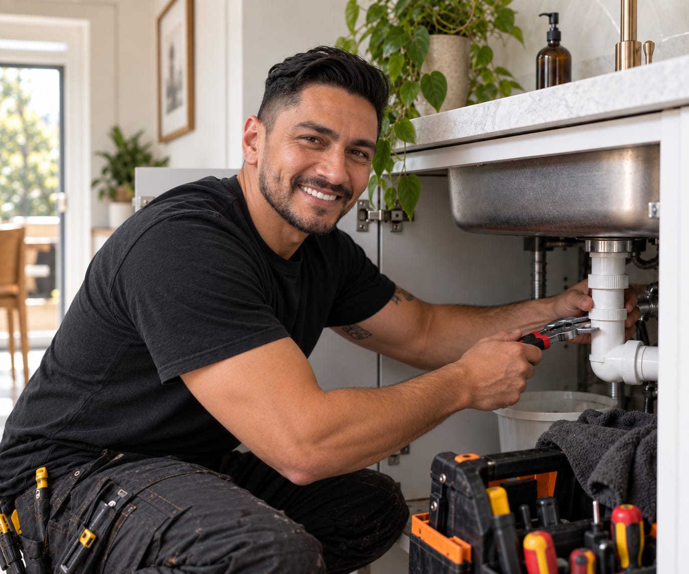 Gabriel repairing pipework beneath a kitchen sink