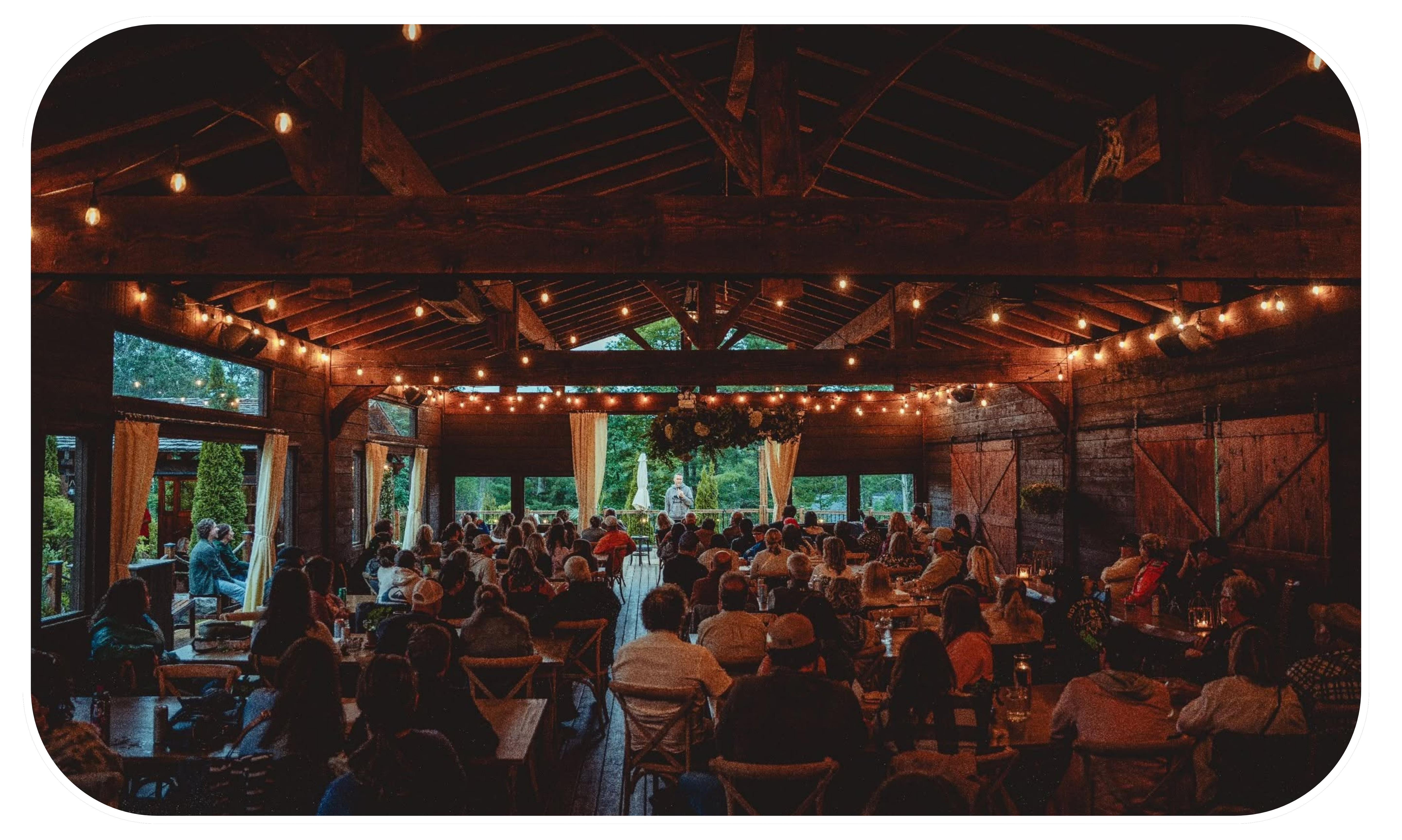 A corporate comedy event in a beautiful gamping location