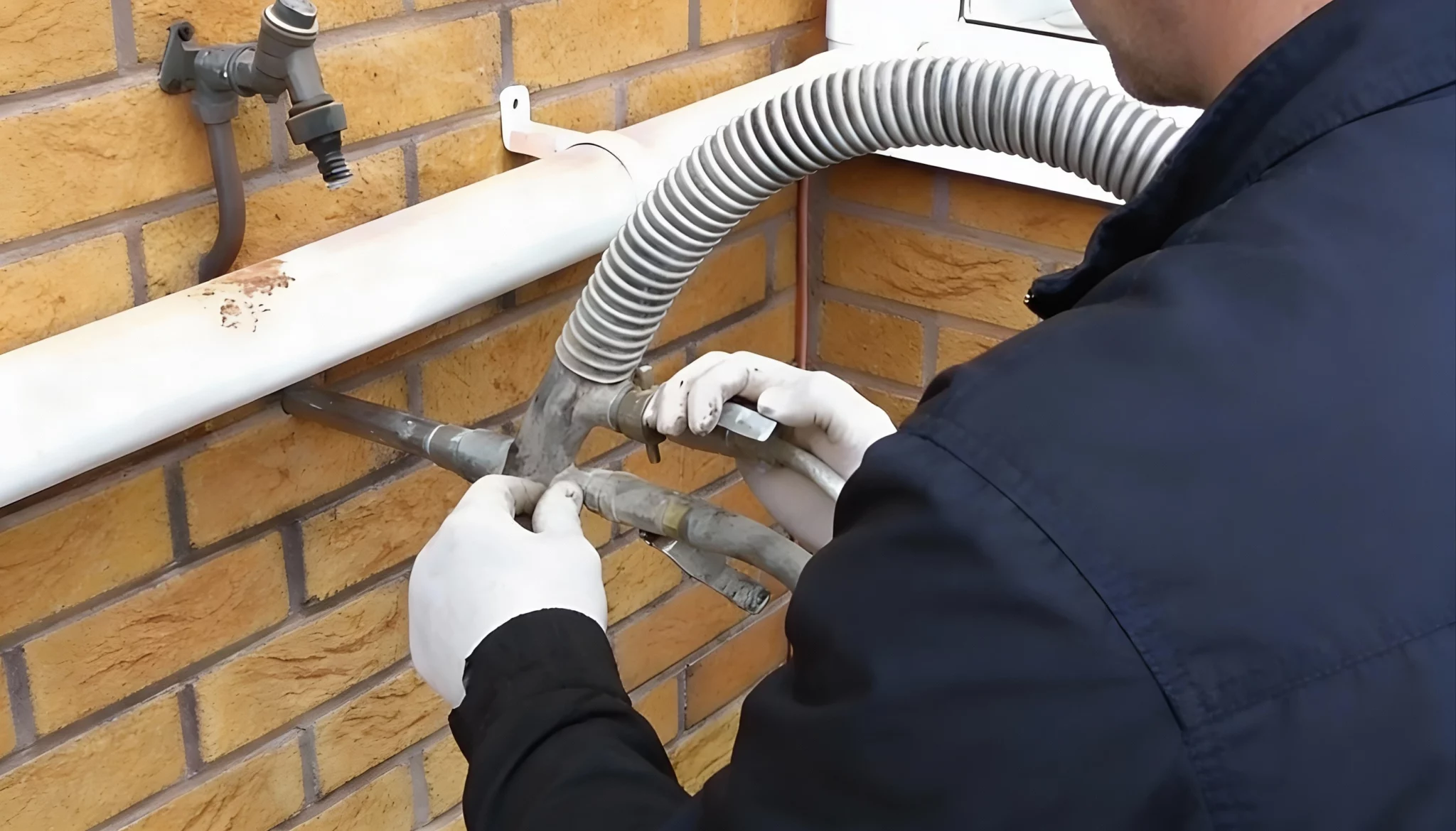 Installer injecting cavity wall insulation through a brick wall