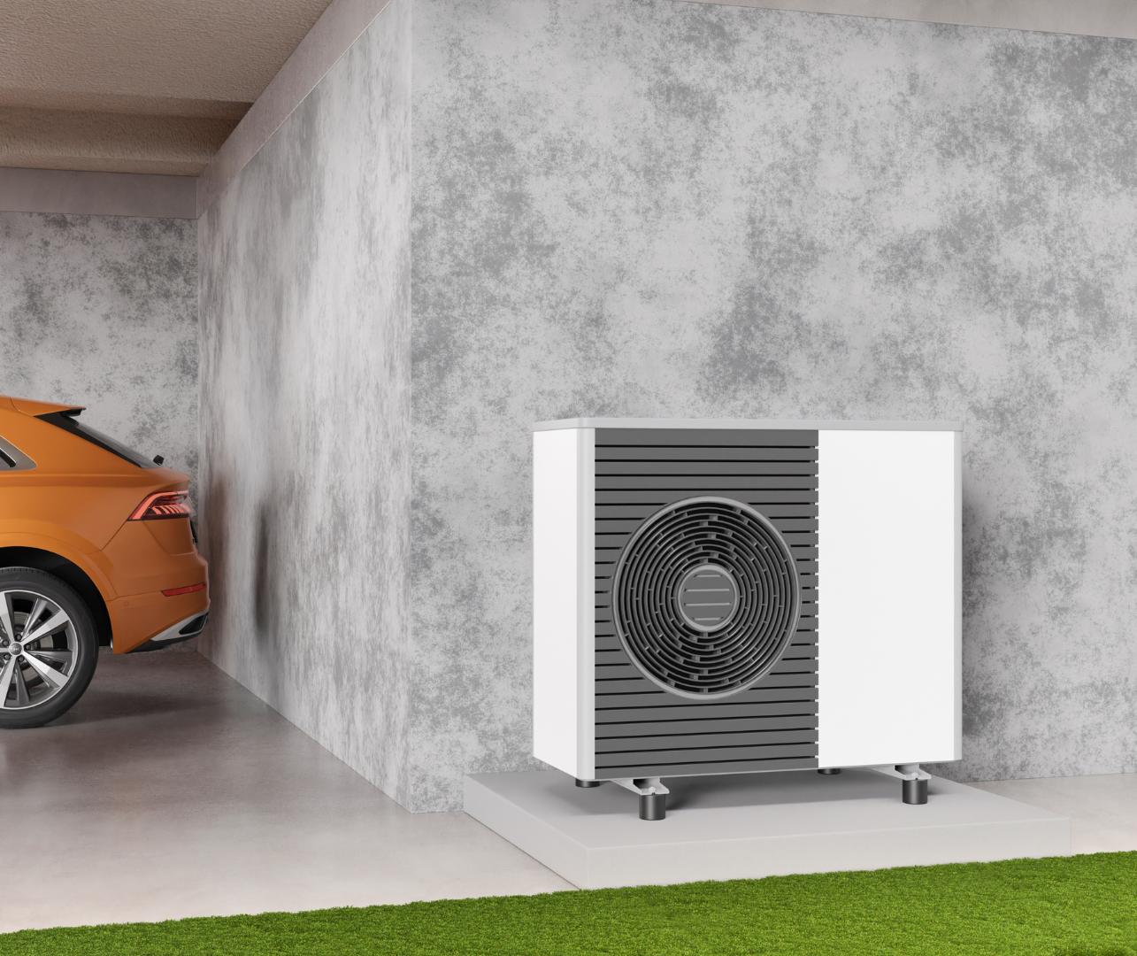 Air source heat pump unit installed beside a home