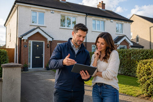 An EnergyHaus advisor talking a homeowner through their retrofit plan on a tablet outside their home
