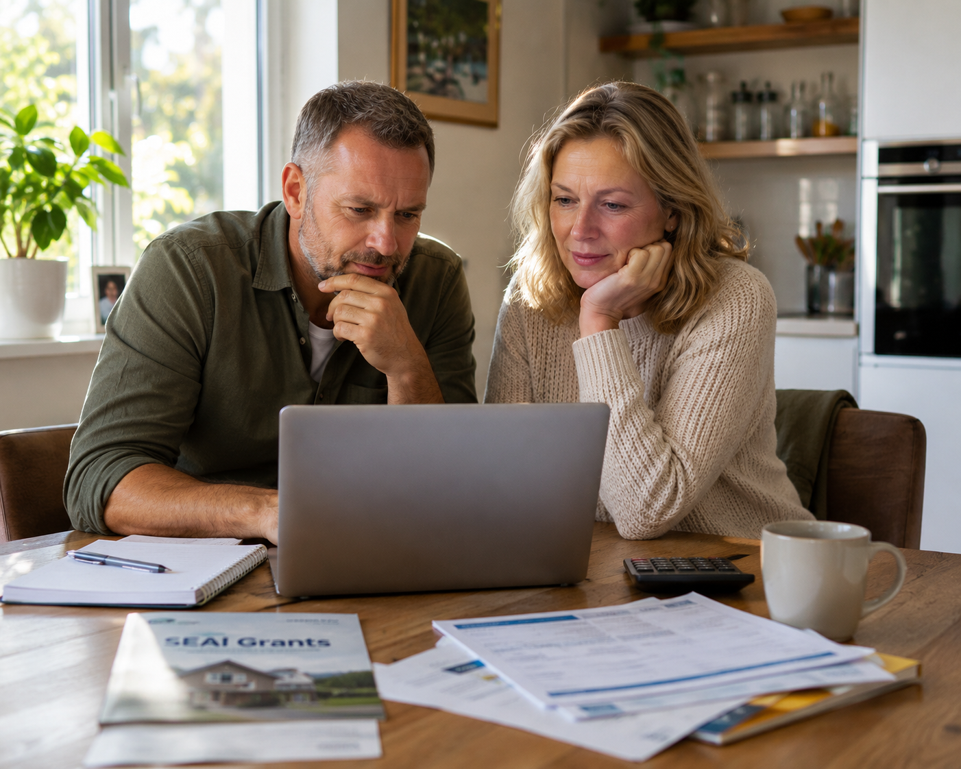 Two homeowners at their kitchen table reviewing SEAI grant information on a laptop, with an SEAI Grants brochure in front of them