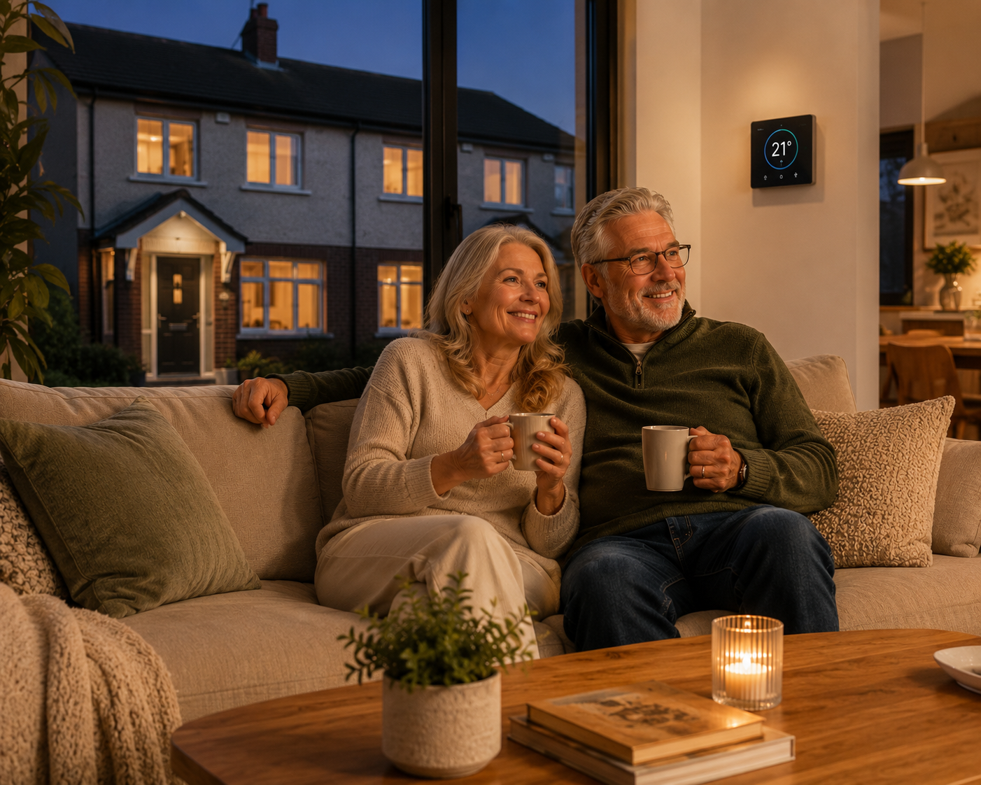 An older couple relaxing with hot drinks in a warm living room at dusk, a smart heating thermostat set to 21 degrees on the wall