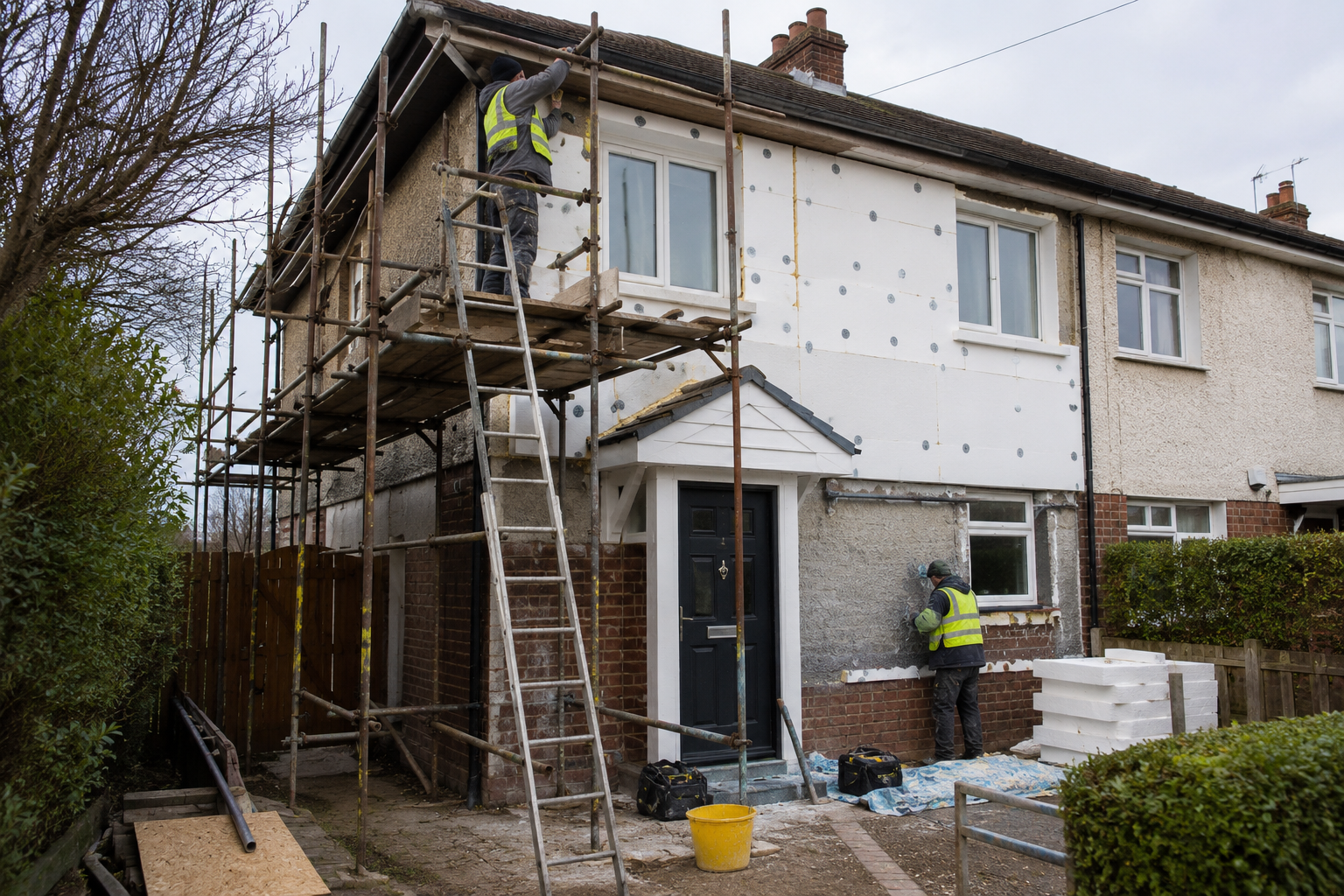 An EnergyHaus crew fitting external wall insulation to a semi-detached house, with scaffolding and insulation boards on site
