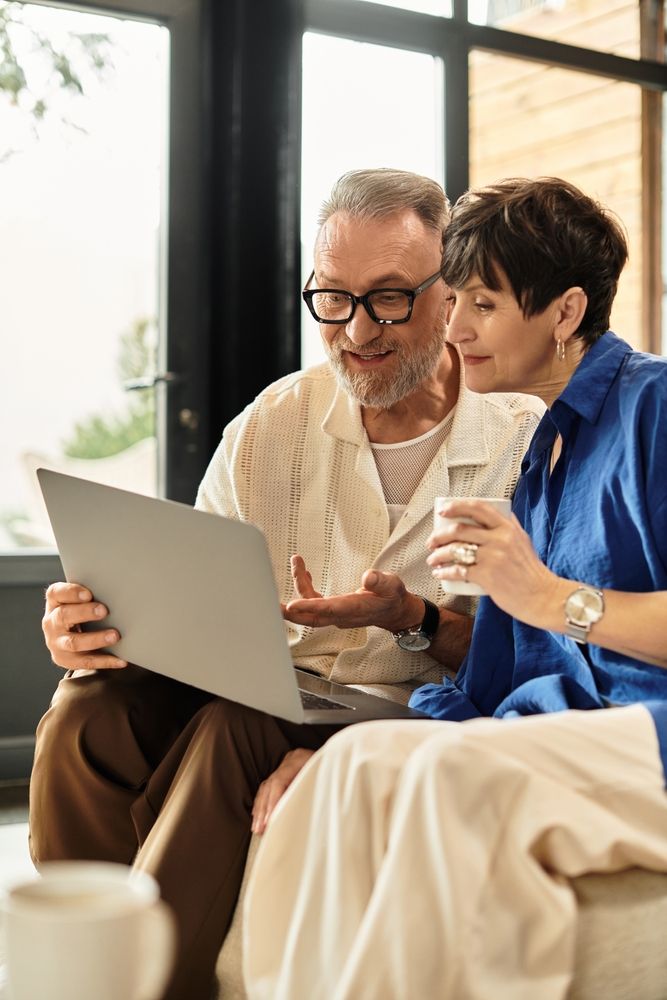 An older couple looking through information together on a laptop at home