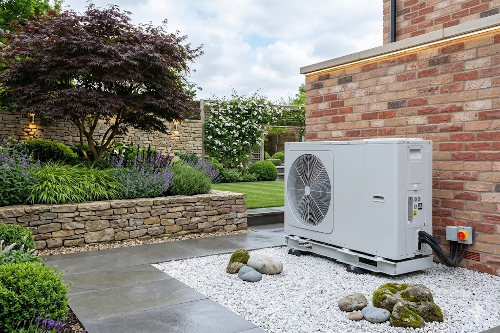 The Mitsubishi air-to-water heat pump installed in the garden of Adrian and Olivia's Drogheda home