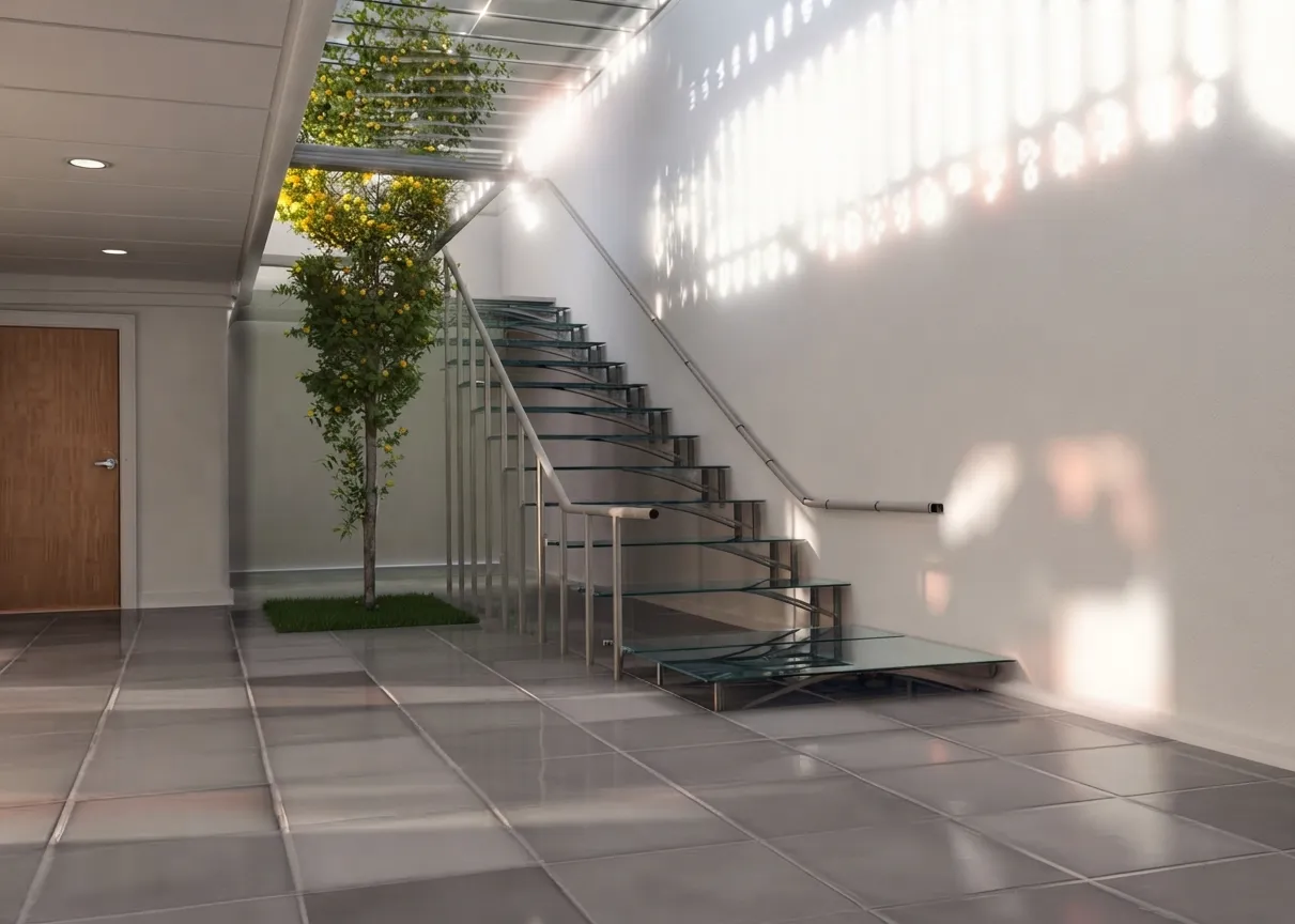 A modern indoor space with a lemon tree, a sleek glass staircase, and geometric sunlight patterns on a white wall.