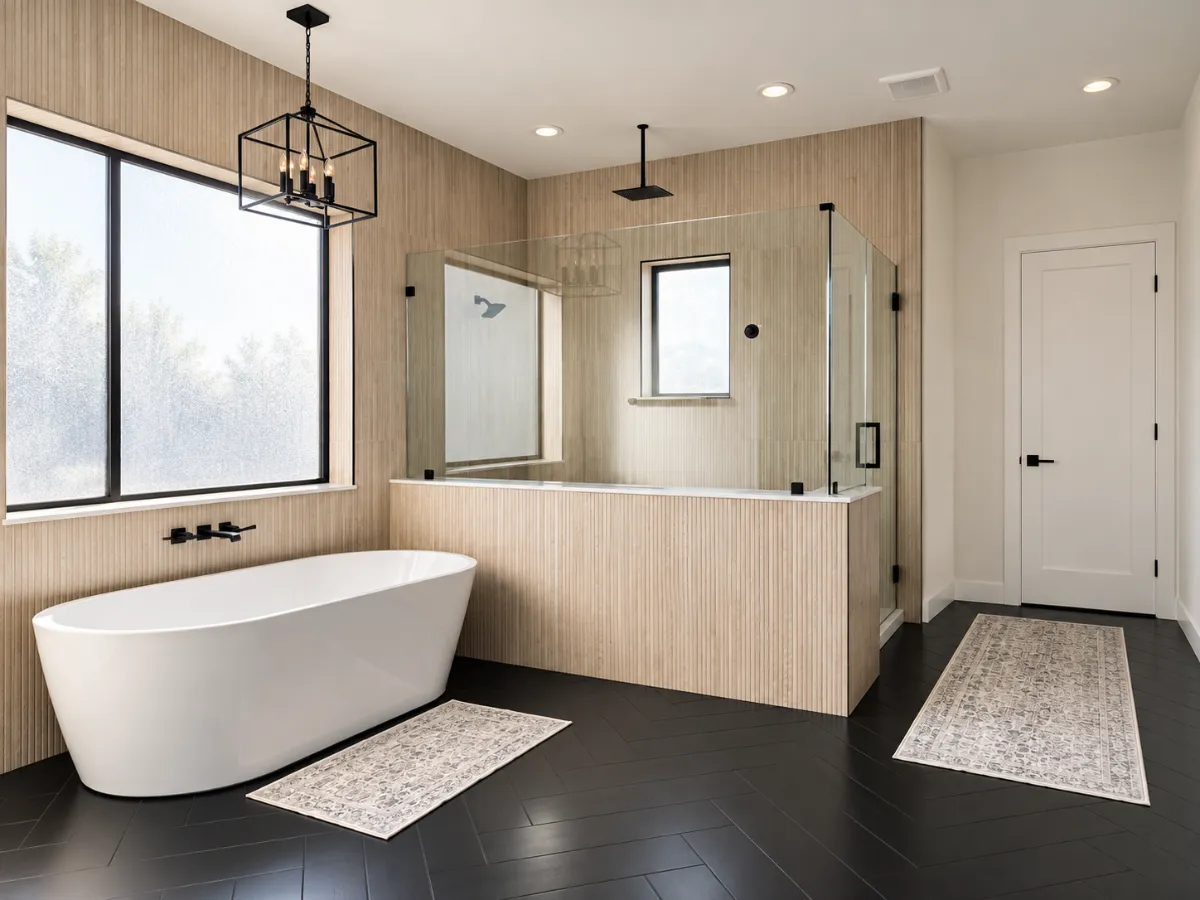 A modern bathroom with a white bathtub, red floating vanity, vessel sink, tiled walls, and large windows with roller blinds.