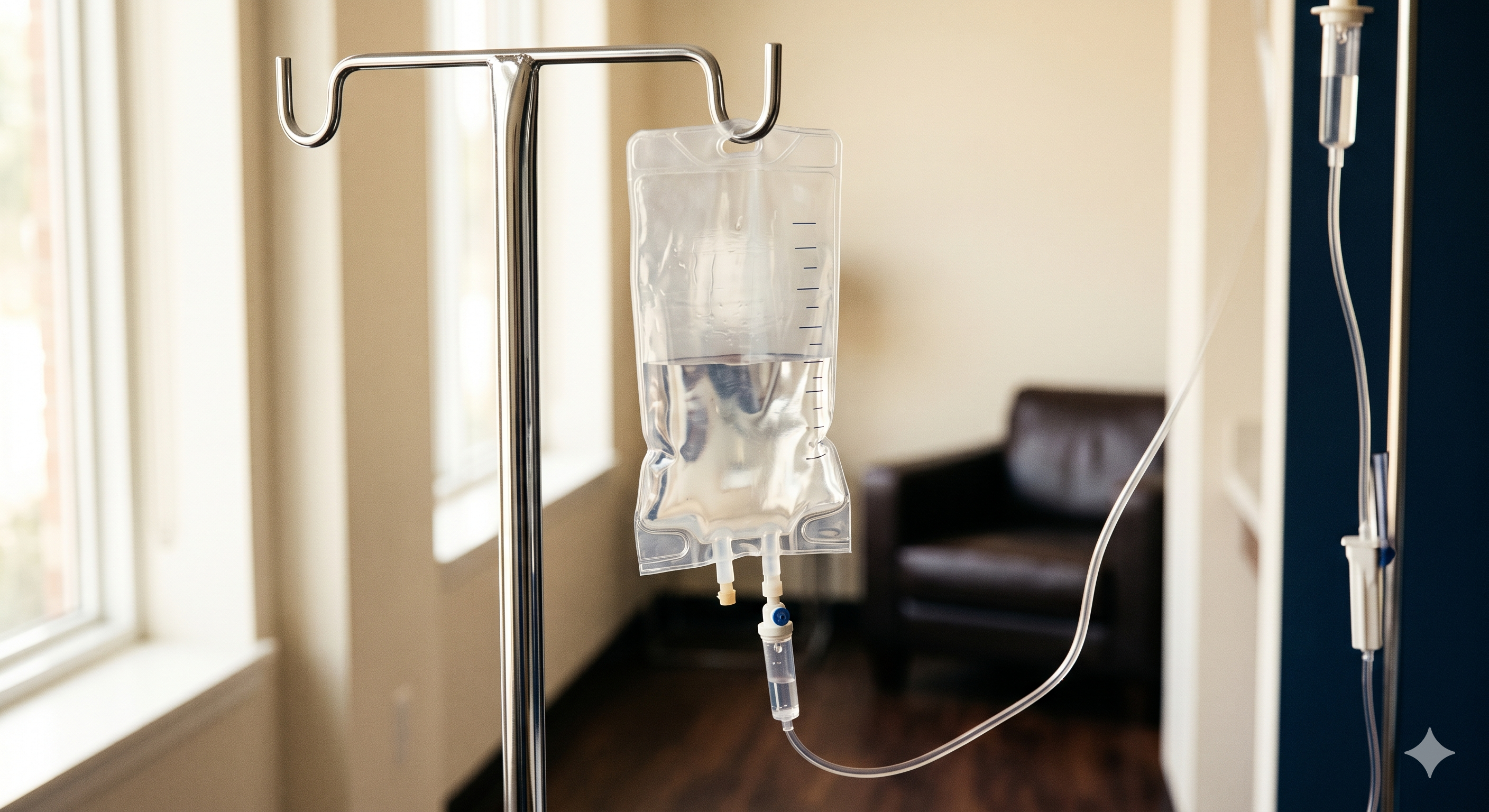 A clear NAD+ IV bag on a stand at AWRC, prepared for treatment.