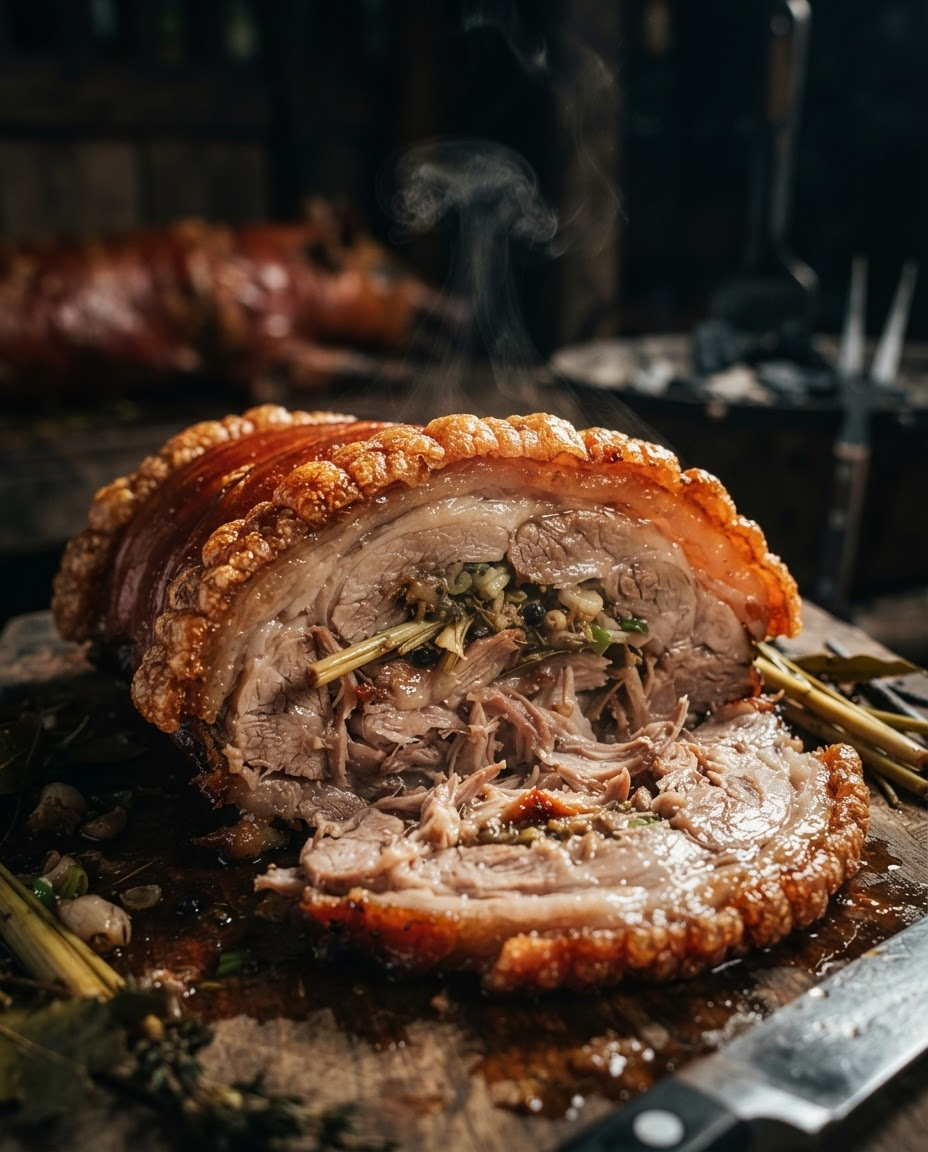 Spicy Cebu-style lechon de leche with chili and tanglad
