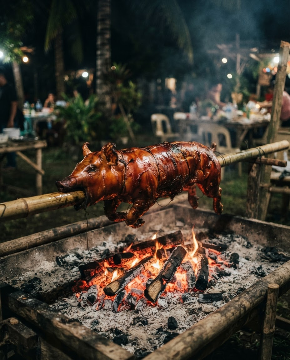 Whole Lechon Baboy roasted golden over charcoal