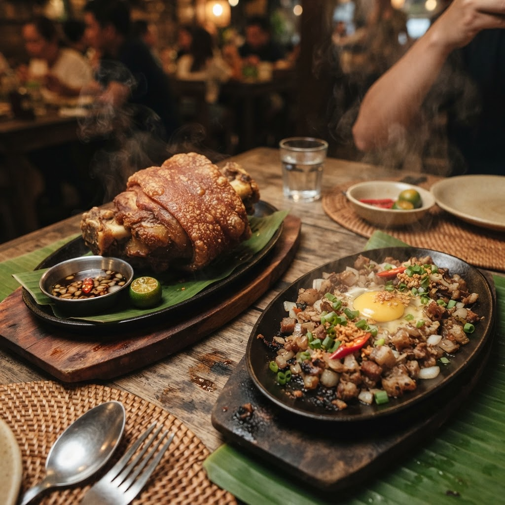 Crispy pata and sisig pulutan platters