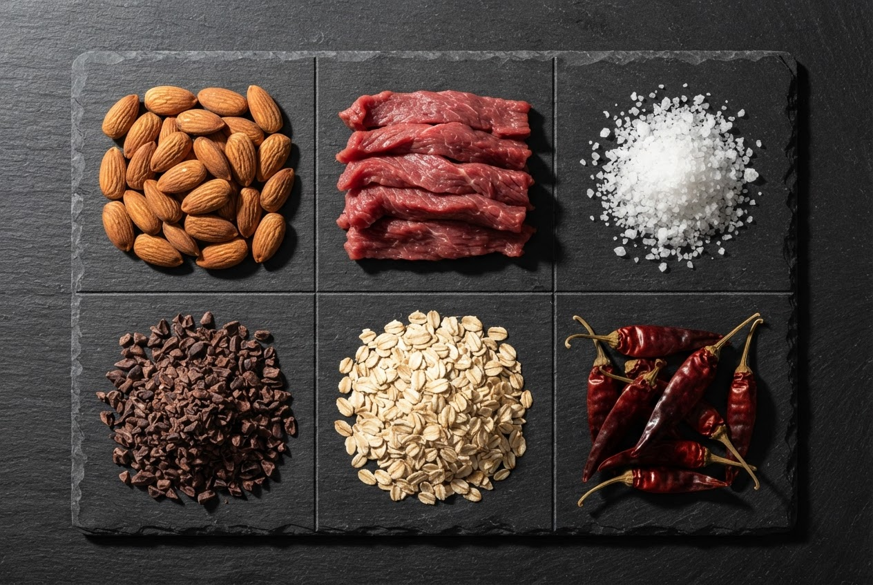Trailblaze ingredients including almonds, beef, salt, cacao, oats, and peppers