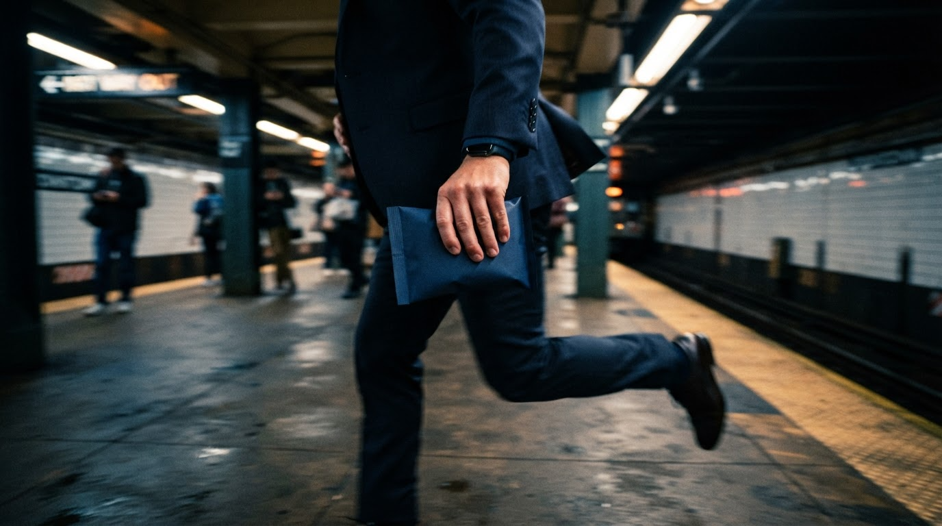 Person hurrying through a subway station with a Trailblaze pack