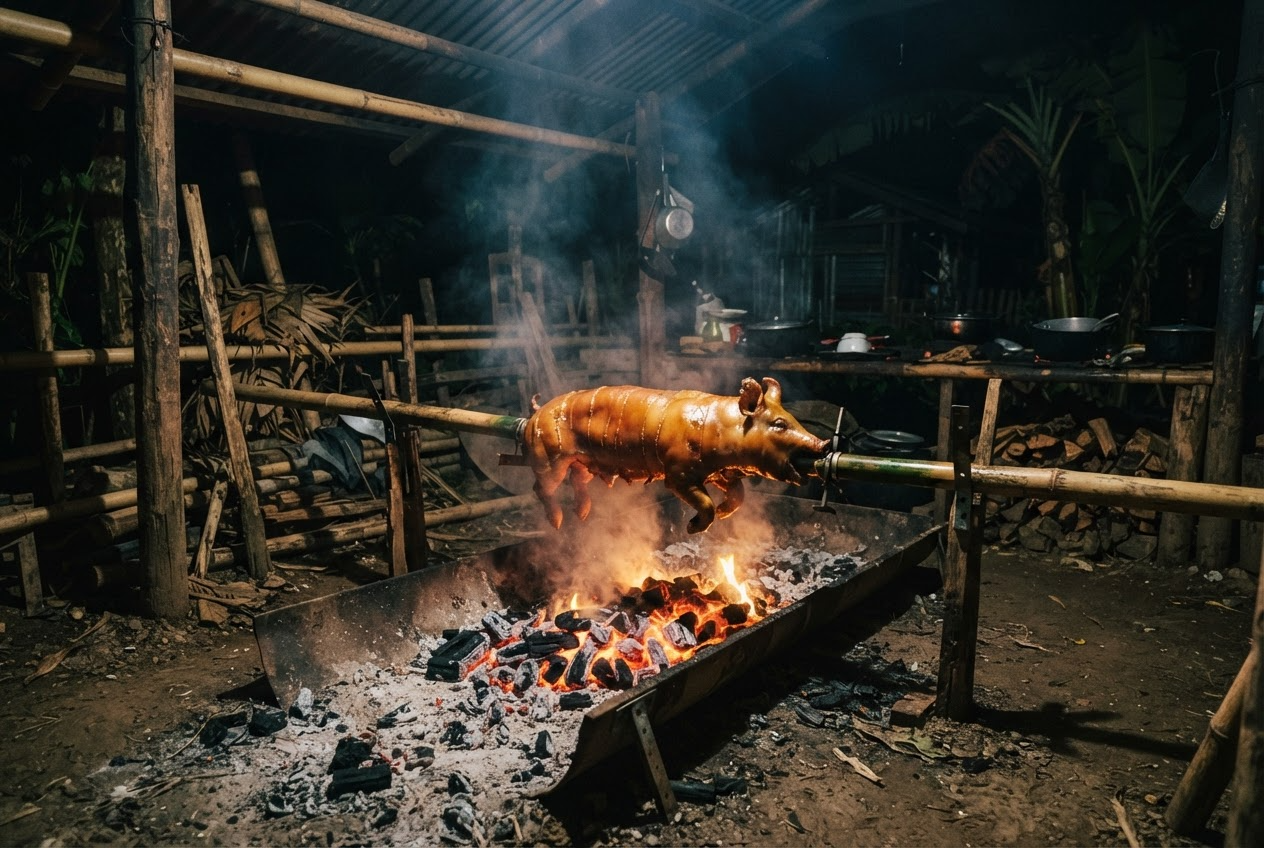 Three generations of the Zaballero family roasting lechon over charcoal