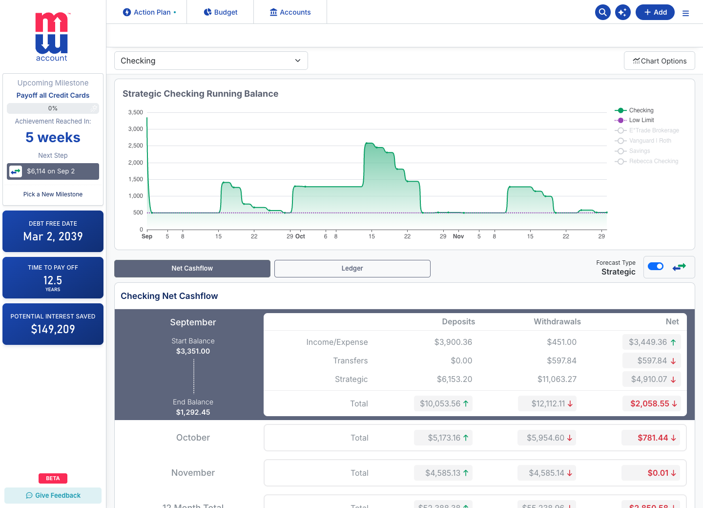 Illustrative Money Max cash-flow forecast showing changes in projected checking balance and a low-limit reference line