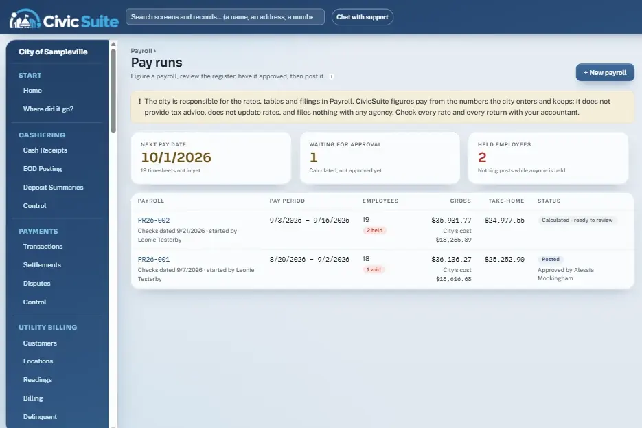 CivicSuite Payroll screen with sample data
