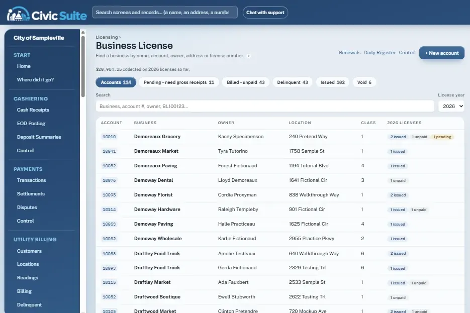 CivicSuite Licensing screen with sample data