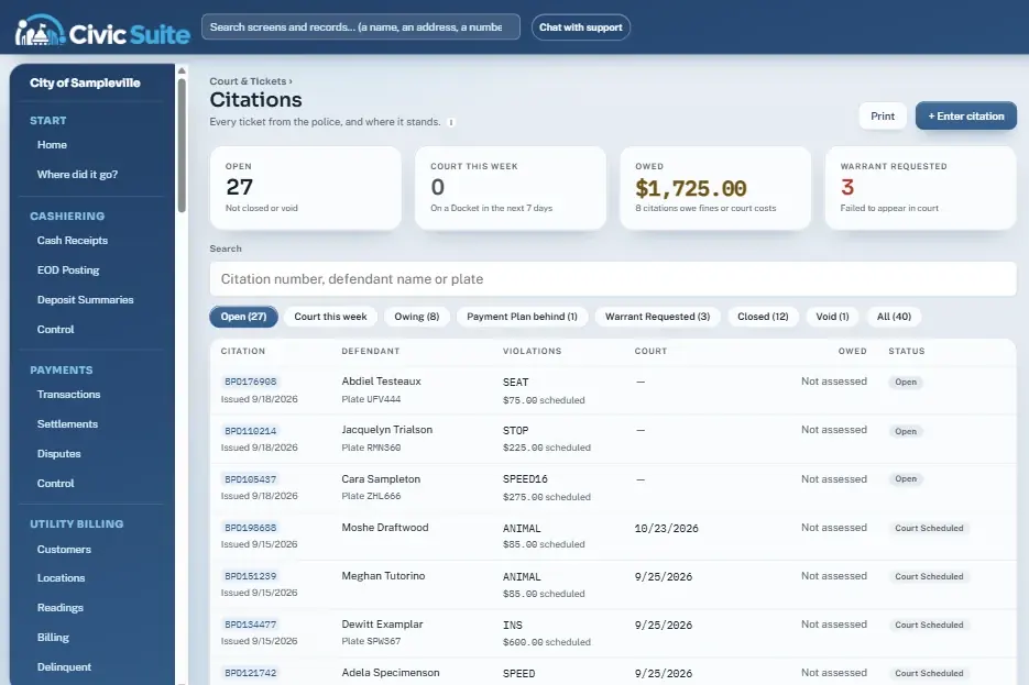 CivicSuite Court & Tickets screen with sample data