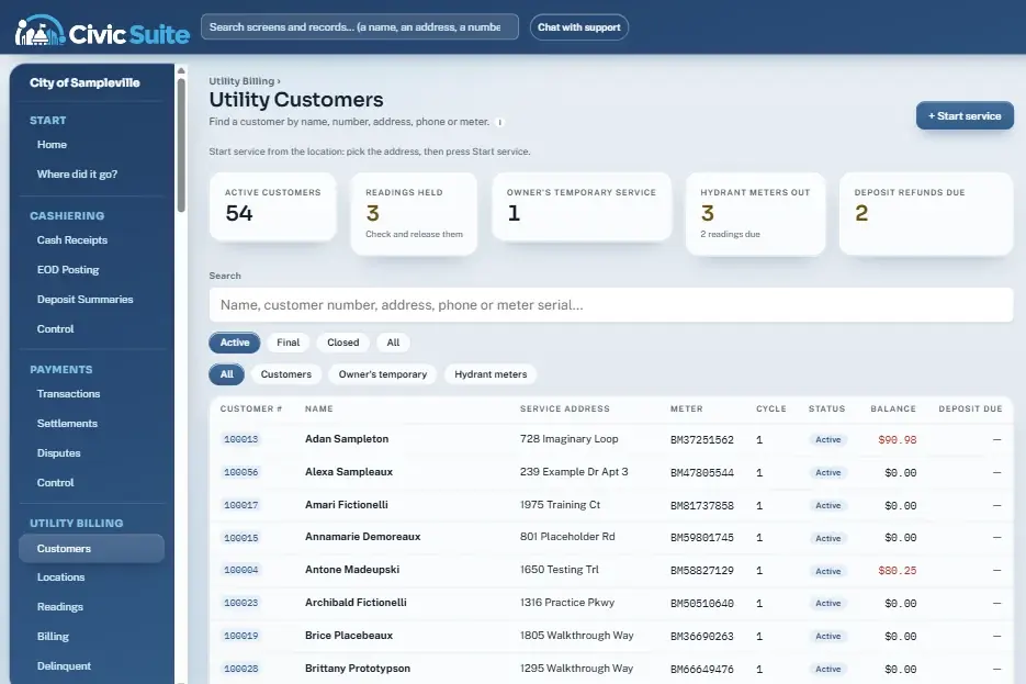 CivicSuite Utility Billing screen with sample data