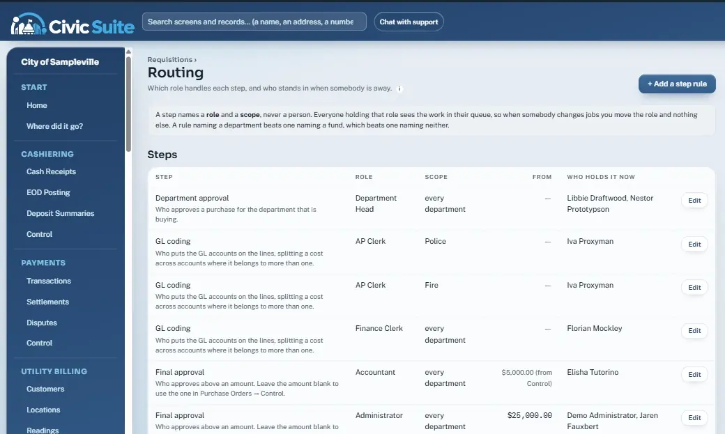 CivicSuite Approval Routing screen with sample data
