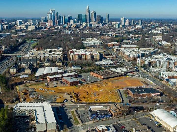 Aerial view over Plaza Midwood toward Uptown Charlotte