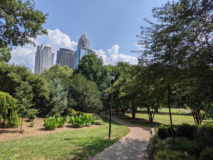 Fourth Ward Park with the Uptown Charlotte skyline behind it