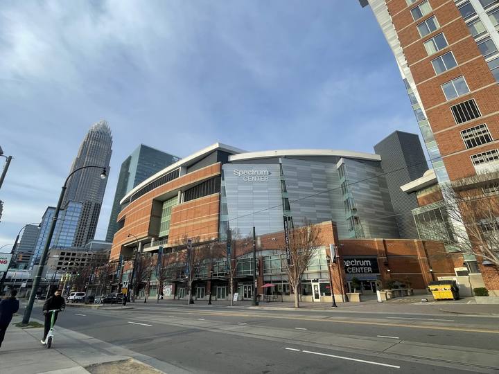 Spectrum Center and the Uptown Charlotte skyline