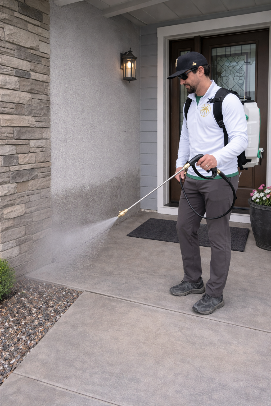Gold Palm Pest Control technician treating the exterior of a Queen Creek home