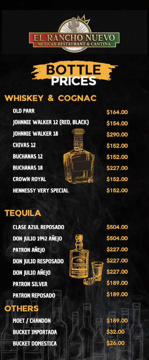 El Rancho Nuevo bottle price menu featuring whiskey, cognac, tequila and other spirits