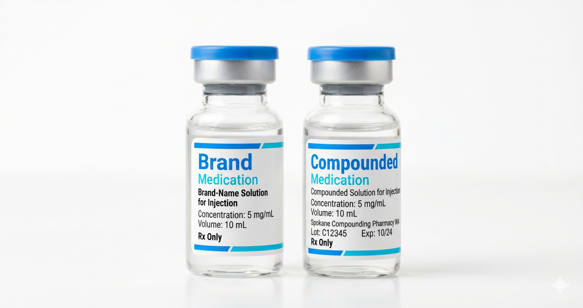 Side-by-side comparison of brand-name and compounded Tirzepatide vials. Side-by-side comparison of brand-name and compounded Tirzepatide vials.