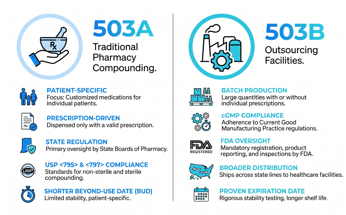 Comparison of 503A and 503B compounding pharmacy regulatory tiers for compounded Tirzepatide. Comparison of 503A and 503B compounding pharmacy regulatory tiers for compounded Tirzepatide.