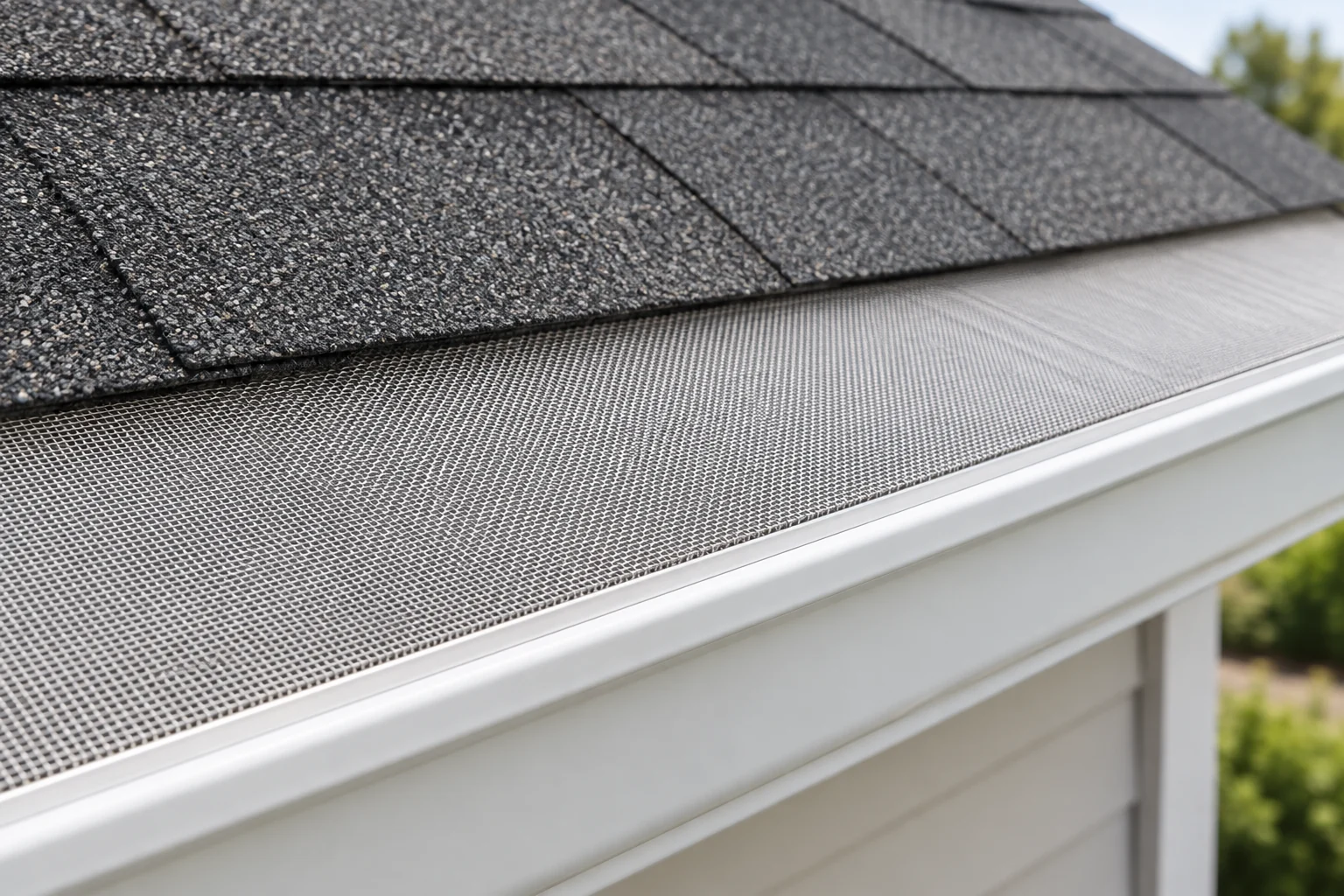 Product illustration of fine woven micro-mesh spanning a gutter, with its rear edge beneath flat asphalt shingles