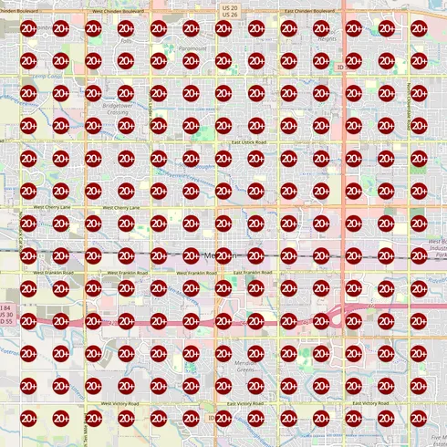 Ranking heatmap before Eva — entirely red, the business invisible across the area