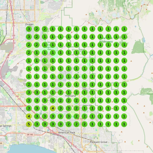 Ranking heatmap after Eva — almost entirely green, ranking in Google's top 3 across the whole area