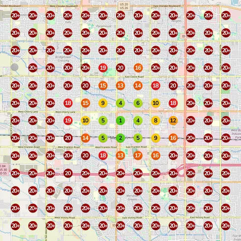 Ranking heatmap after Eva — a cluster of green, yellow and orange rankings around the business