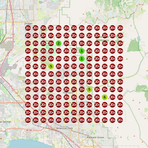 Ranking heatmap before Eva — almost entirely red, the business invisible across the area