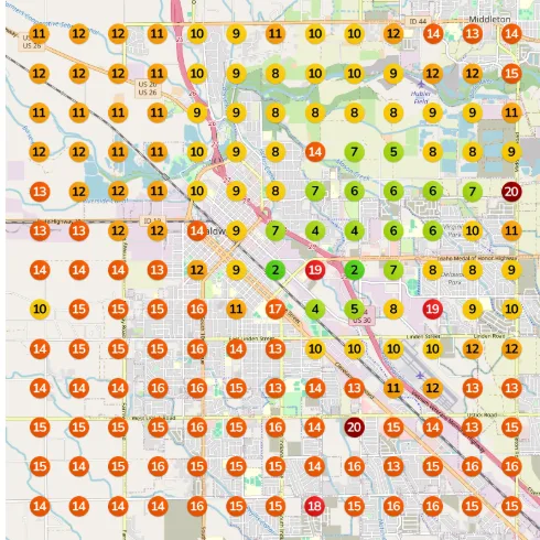Ranking heatmap before Eva — mostly red, the business barely ranking across the area