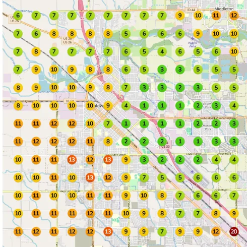 Ranking heatmap after Eva — mostly green and yellow, top-3 and page-one rankings across the service area