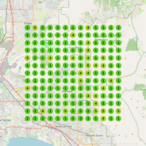A real Eva client's ranking heatmap — mostly green, ranking in Google's top 3 across the delivery area