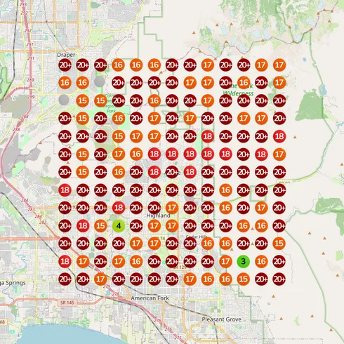 Ranking heatmap before Eva — mostly red, the business barely ranking across its area